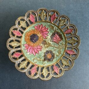 Vintage 5 In Closseine Pedestal Trinket Dish Lace Edge Orange Blue Green